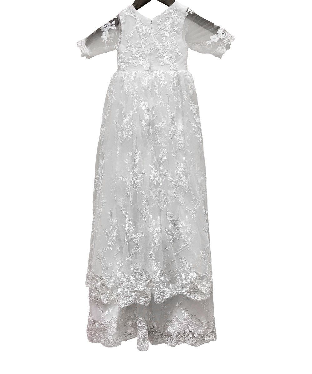 Long Ivory Christening Gown For Baby Girls Lace Baptism Dress With Bonnet 9M