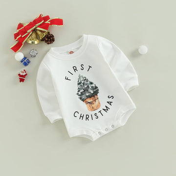 Kuriozud Newborn Baby Boy Girl First Christmas Outfit Cute Tree Sweatshirt Romper Oversized Sweater Tops Fall Winter Clothes (Fi