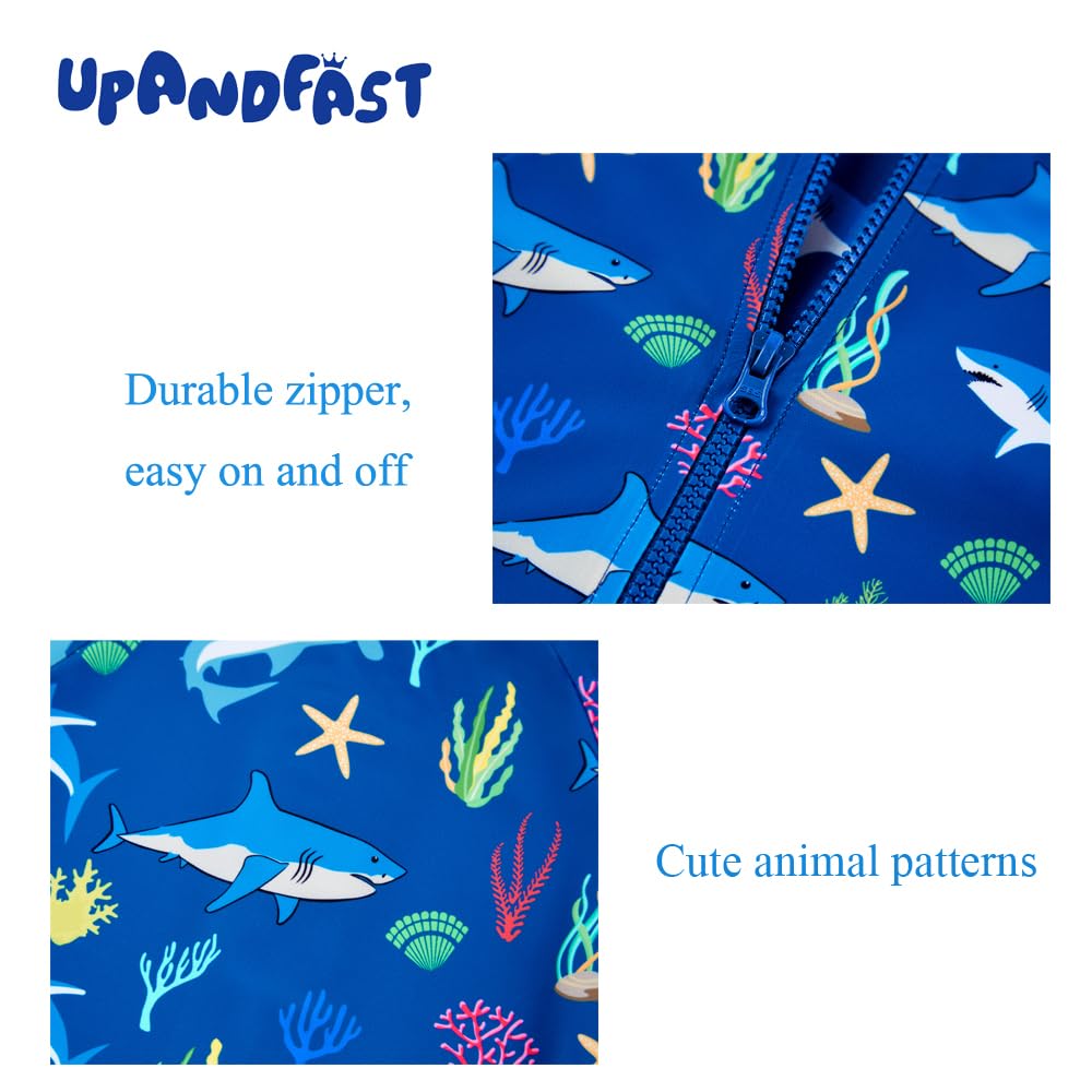 Upandfast Baby Boys Swimsuit Long Sleeve One Piece Swimwear Zip Rash Guard Sun Protection (Blue Shark, 3-6 Months)