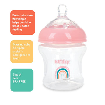 Nuby 3-Pack Infant Feeding Bottles With Slow Flow Breast Size Silicone Nipple: 0+ Months, 6Oz, 3 Pack Set: Delicate Star, Rainbo