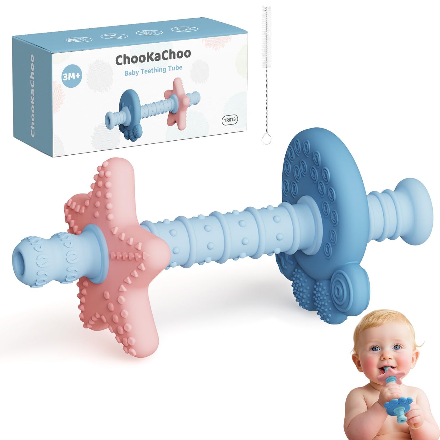 Baby Teething Toys for 3-12 Months, Food-Grade Silicone Hollow Tube Teether Stick, BPA-Free & Multi-Textured, Gum Massage, Senso