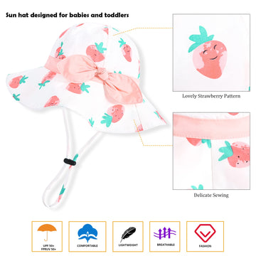 Baby Girl Sun Hat With Upf 50+ Outdoor Adjustable Beach Hat With Wide Brim Bucket Hats (6-12 Months, Strawberry -Pink)