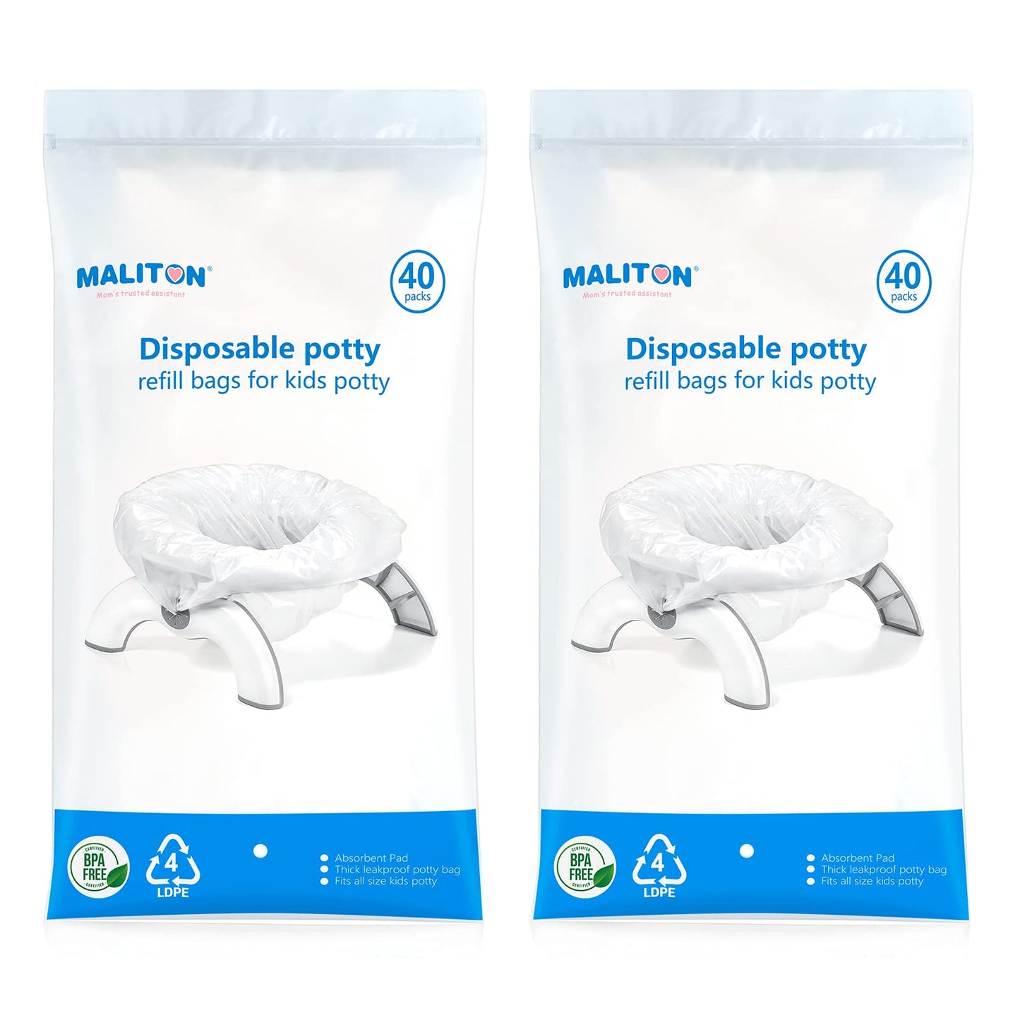40 Packs Disposable Potty Bags for Toddler Portable Toilet, Travel Liners Compatible With OXO Tot 2-in-1 Go Potty, Maliton Train