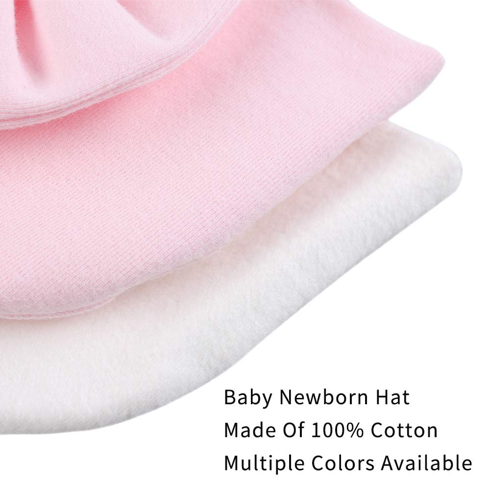 Newborn Baby Girl Hat Cotton Baby Bow Beanie Preemie Hats Spring Infant Hats For Girls 0-12 Months (White+Pink, 6-12 Months)