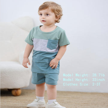 18-24 Month Boy Clothes Toddler Boys Summer Outfits Short Sleeve Patchwork T-Shirt & Solid Shorts Clothing Set 2 Piece, Light Bl