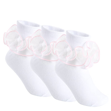 Yepami 3 Pairs Girls Ruffle Socks Big Double Lace Frilly Trim Dress Socks (Pink, Medium, 5_Years)