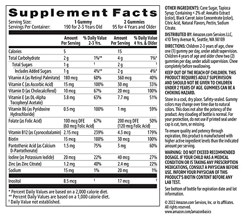 Amazon Basics Kids' Multivitamin Gummies, Orange, Cherry & Strawberry, 190 Count (Previously Solimo)
