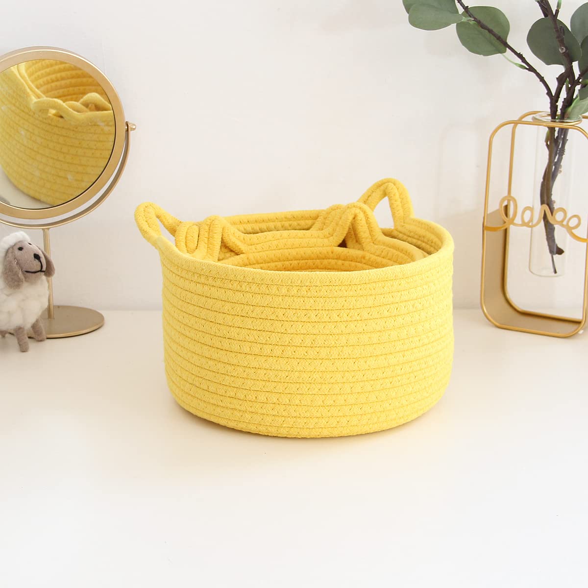 Cafshion Large Toy Basket With Cat Ears, Cute Basket Pet Toy Organizer With Handles Woven Cotton Rope Basket Decorative Basket N