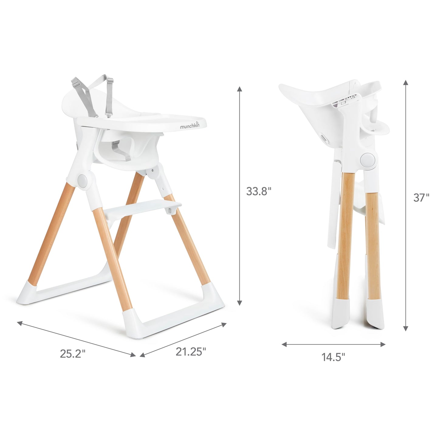 Munchkin Float Baby High Chair, Foldable And Easy To Clean, For Babies And Toddlers, White With Wooden Legs