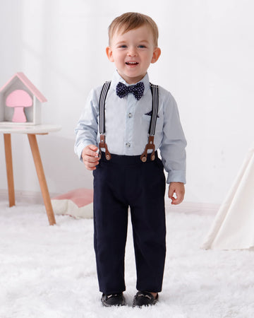 Disaur Boys Wedding Guest Outfit Blue Dark Long Sleeve Dress Shirt Bow Tie Suspender Pants Back To School Gentleman Clothing 5T