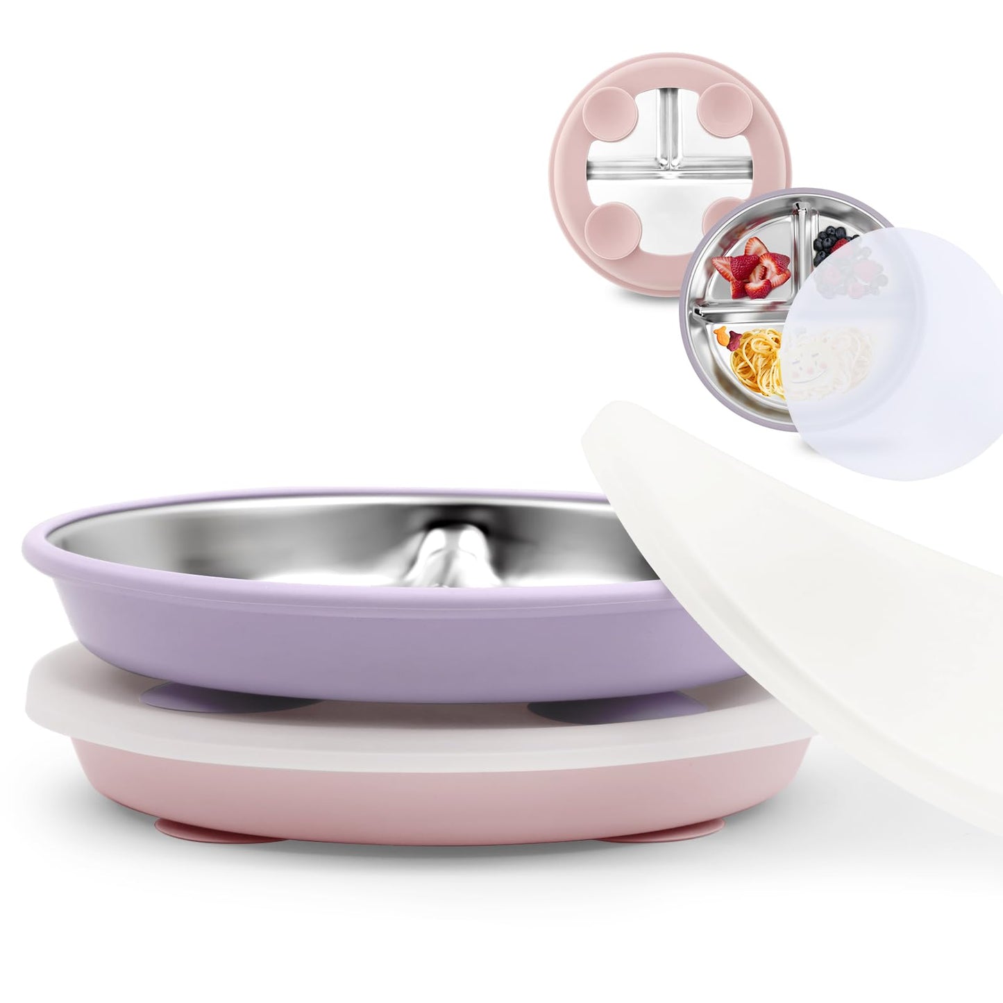 Bakpoco Stainless Steel Toddler Suction Plate with Lid, Deeper 9 Divided Plates with Removable Silicone Sleeves for Kids, Non To