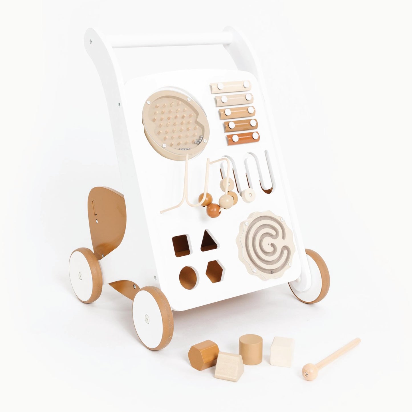 GATHRE Baby Activity Walker | Wooden Push Baby Walker with Wheels | Busy Board and Toys Included | Great for Ages 12+ Months | E