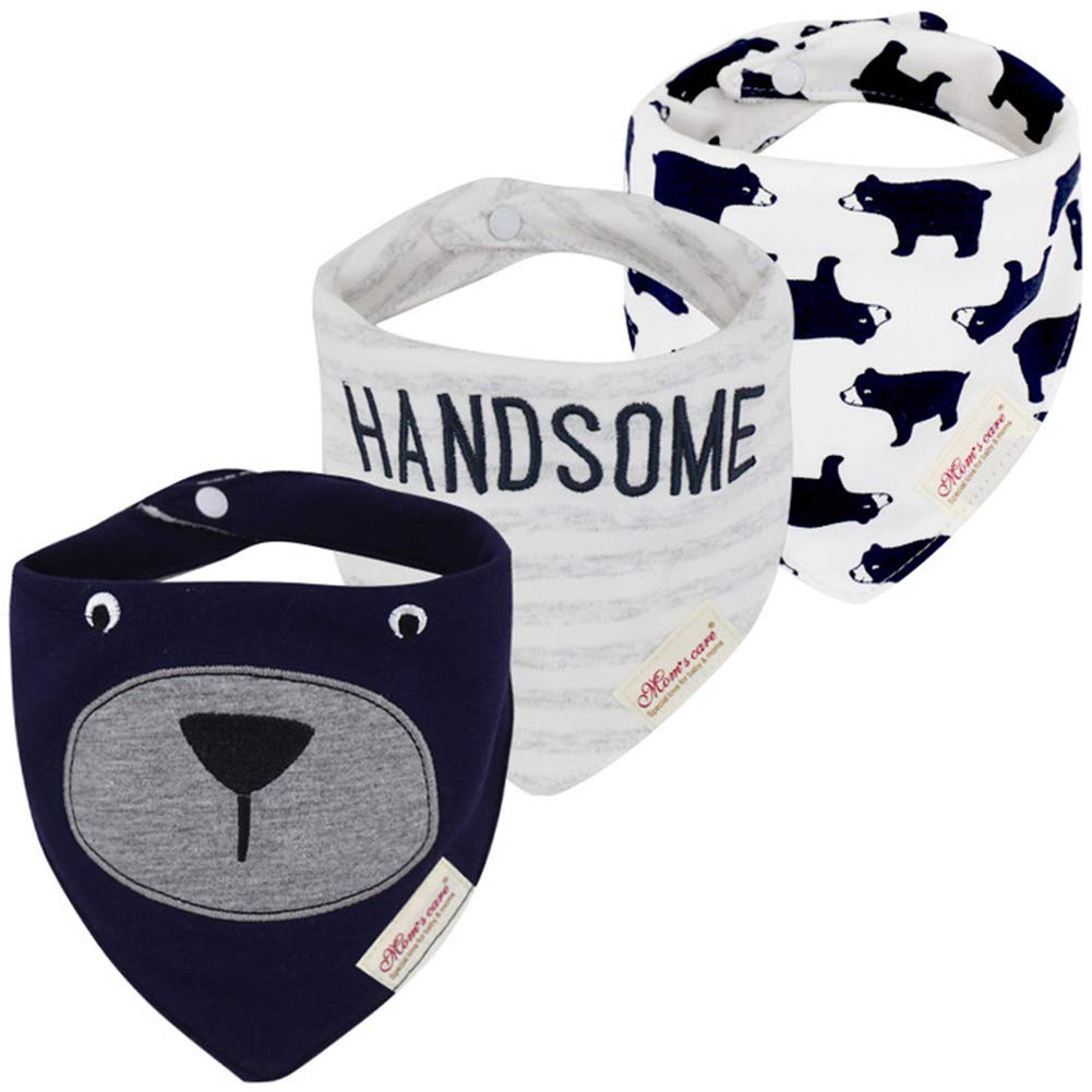 Jn&Lulu 3 Pack Newborn Baby Bibs Bandana Drool Bibs For Drooling Cotton Baby Gifts (Navy Bear)