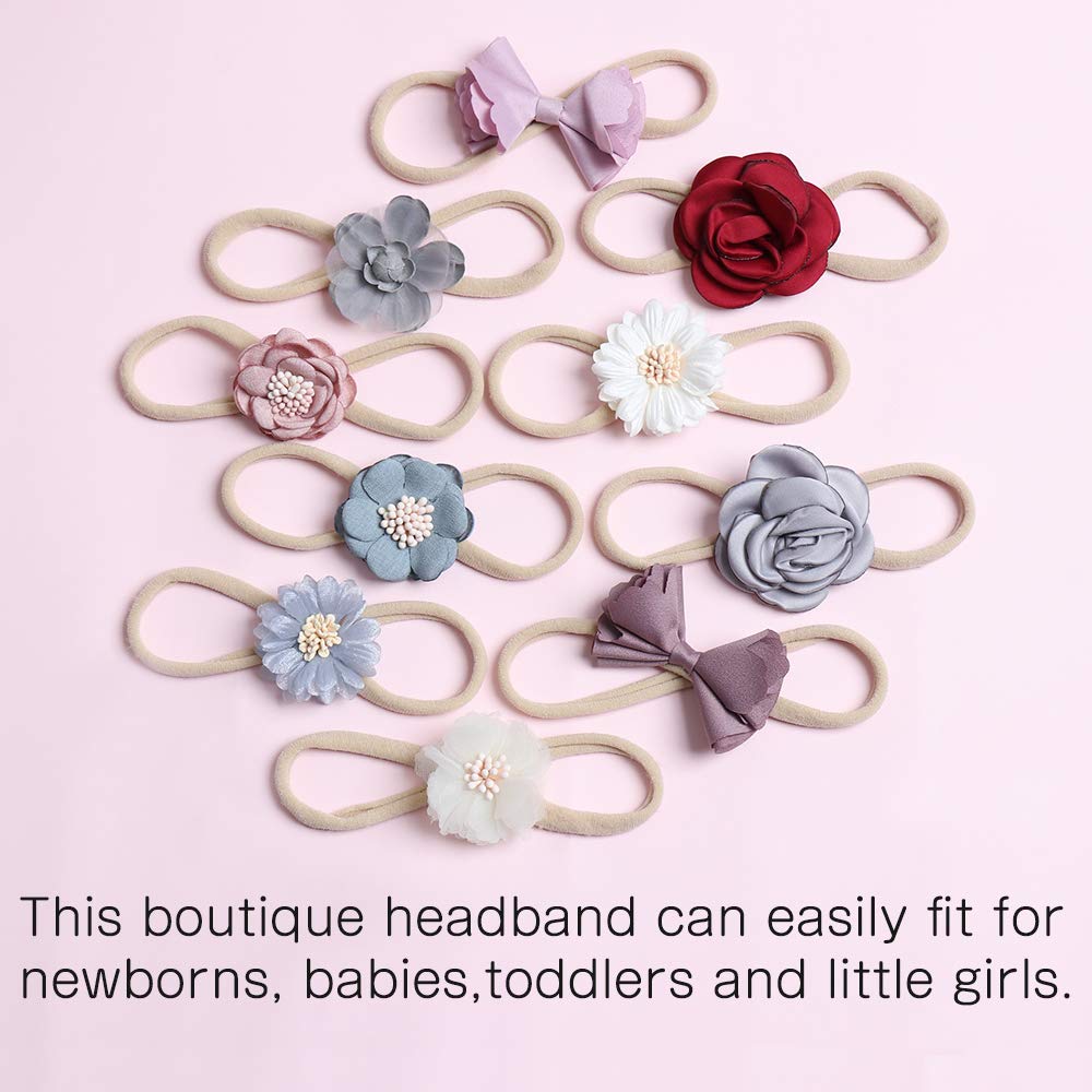 Subesty Baby Girls Nylon Elastic Headband Soft Flower Hair Band For Toddler Infant Newborn Set Of 10