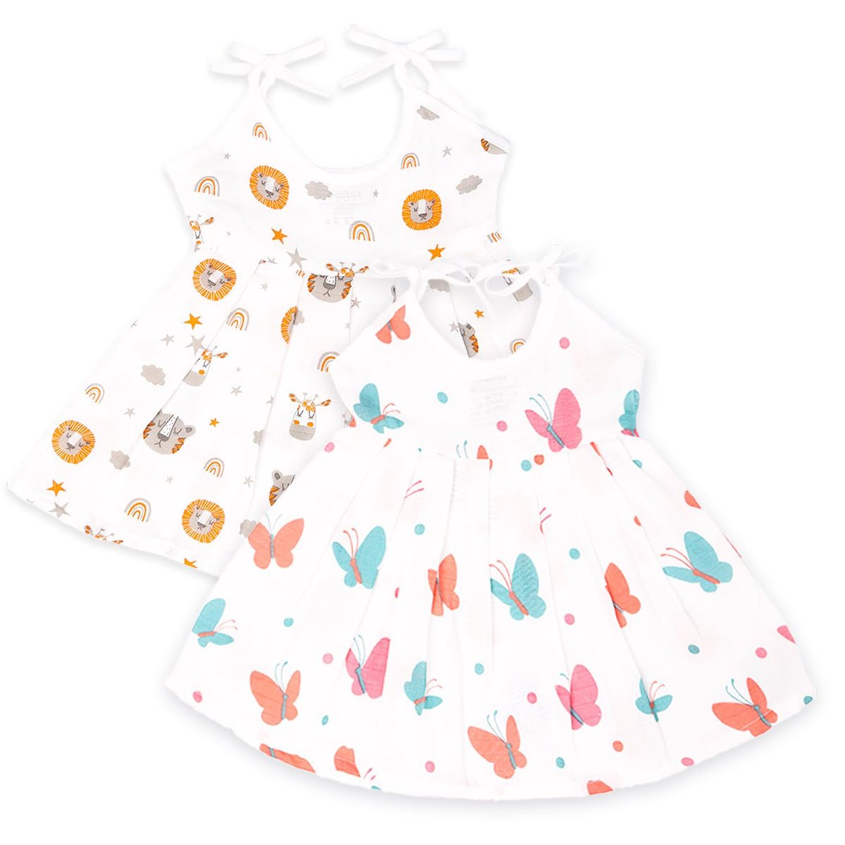Kidbea Muslin Cotton Sleeveless Frock Clothes For Baby Girl Dresses | Tiger | Butterfly Print | Pack Of 2 (03 Months)