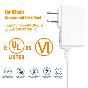 6V Ac Charger For Vtech Baby Monitor Power Adapter, Ul Listed Long Cord Fits Dm221 Dm221-2 Dm223 Dm251 (Parent & Baby Units), Dm