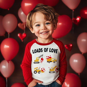 Valentine'S Day Shirt For Boys Loads Of Love Construction Truck Heart Tops Toddler Raglan Sleeve T-Shirt 6 Years