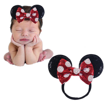 Jiahang Mouse Ears Sequin Bow Nylon Hairband With Polka Dot, Hair Bow Headband, Soft Elastic Costume Headwear For Baby Girl Newb