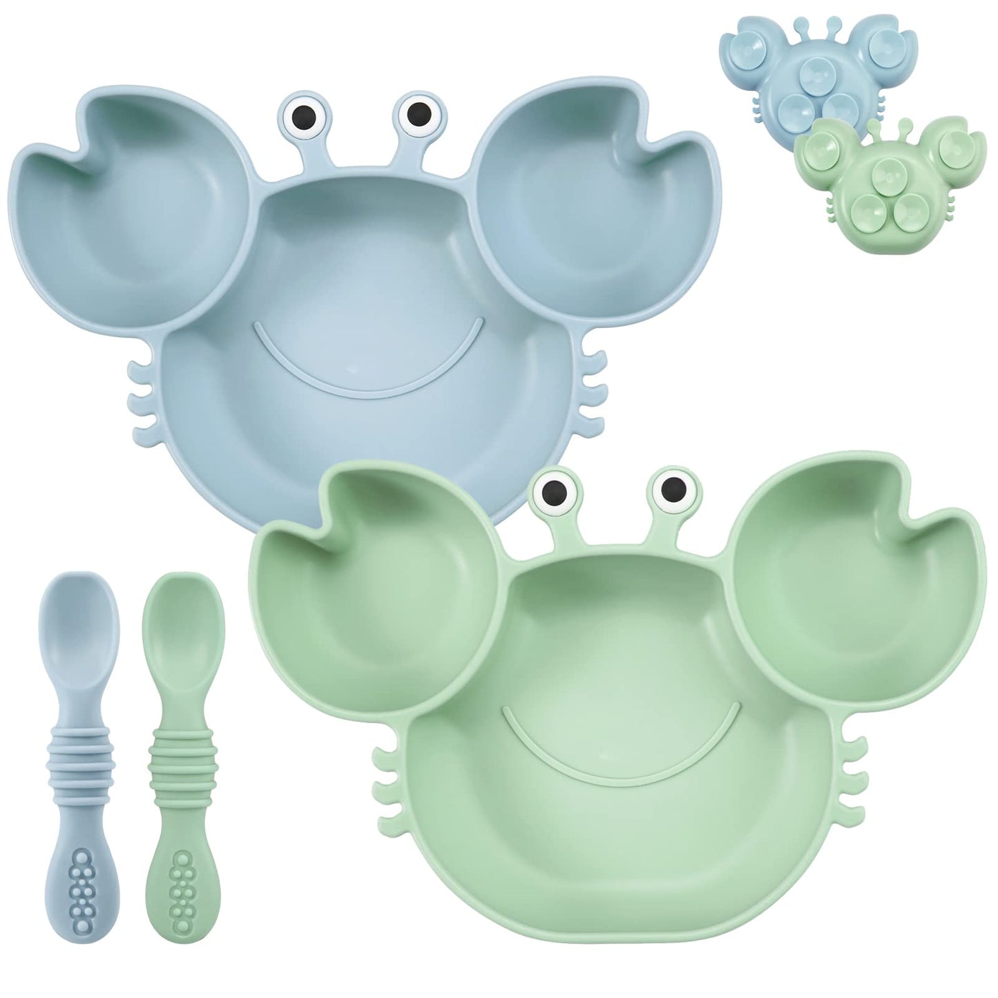 PandaEar 2 Pack Silicone Suction Plate for Baby, Divided Unbreakable Toddler Food Plate with 2 Pack Spoons for Self Feeding, Tod