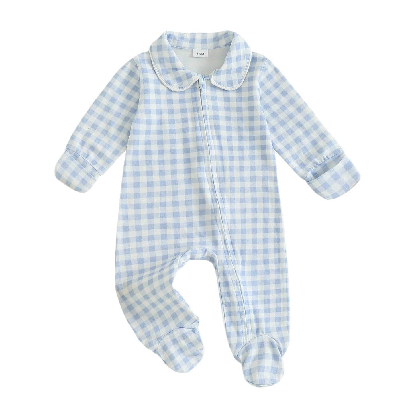 Seyurigaoka Newborn Baby Boy Girl Clothes Gingham Plaid Footed Jumpsuit Lapel Zipper Romper Cute Going Home Outfit (Blue, Newbor