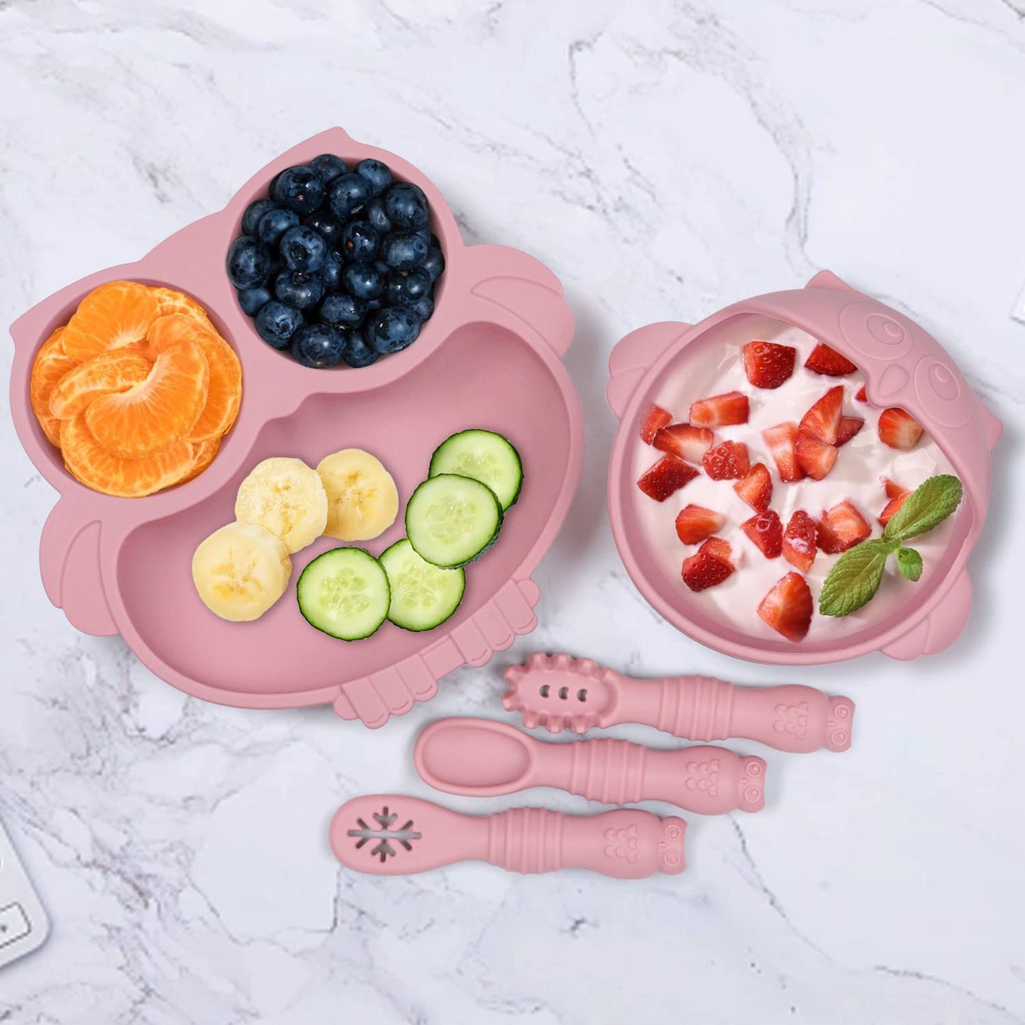 Owl Shape Silicone Baby Feeding Set, Toddler Suction Plates And Bowls Set With Spoons, Kids Silicone Dinnerware Set Eating Utens