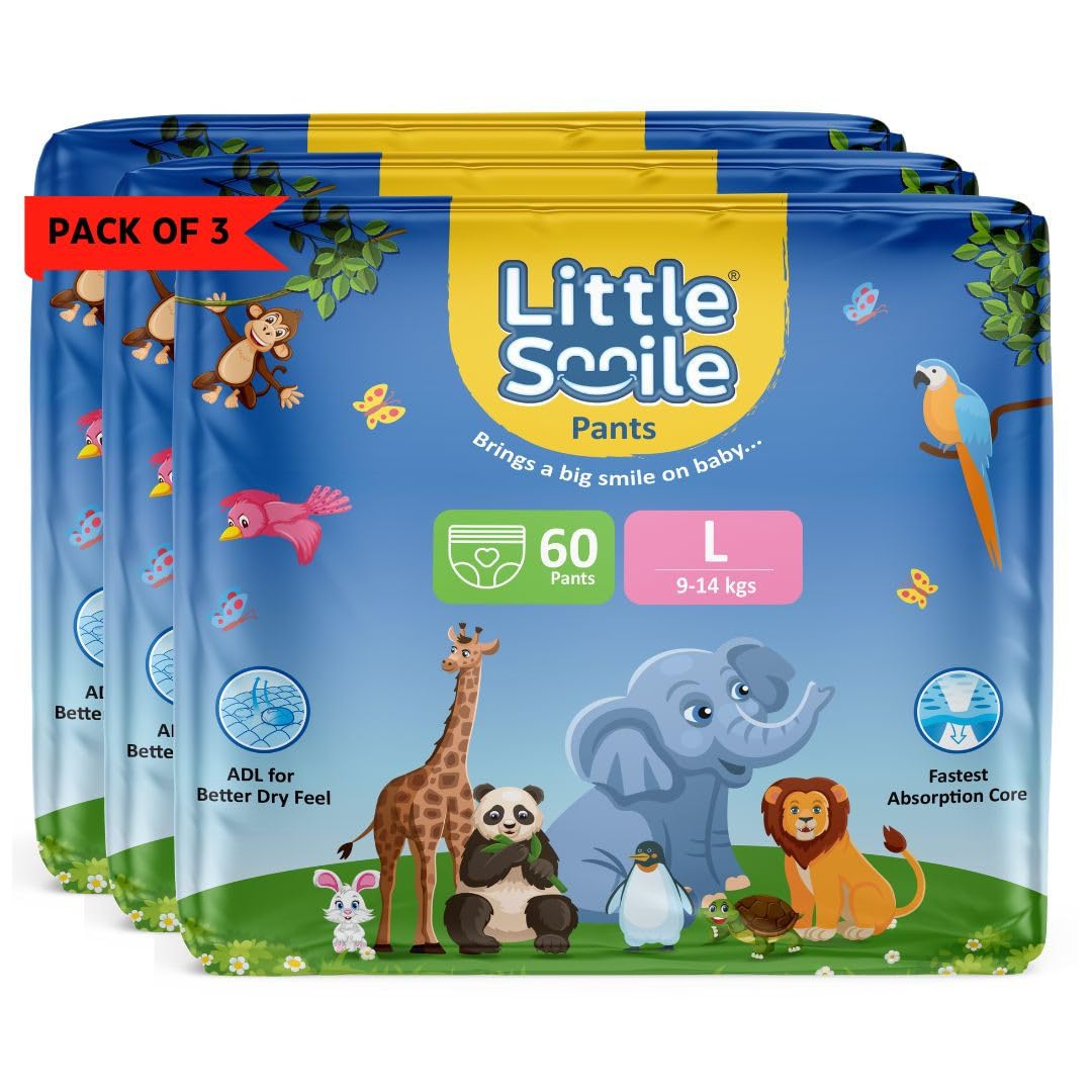 Little Smile Baby Diapers Pant Style | Large (L) Size | Ideal For 914 Kgs Baby | 180 Count Odorless And Antibacterial Layer Wi