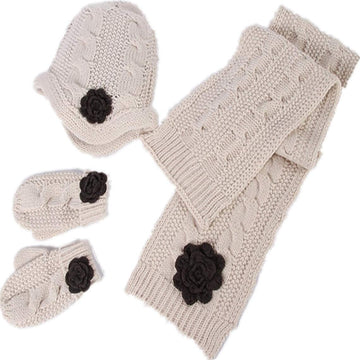 Ahyuan Baby Girls Warm Cable Knit Hat Scarf Mitten 3Pc Accessory Set (Beige)