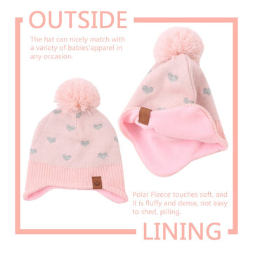 Knitted Pink Baby Hat Scarf Set Winter Warm Girls Beanie Fleece Lining Toddler Kids Hat With Pompom (Pink Heart(Hat+Scarf), M)