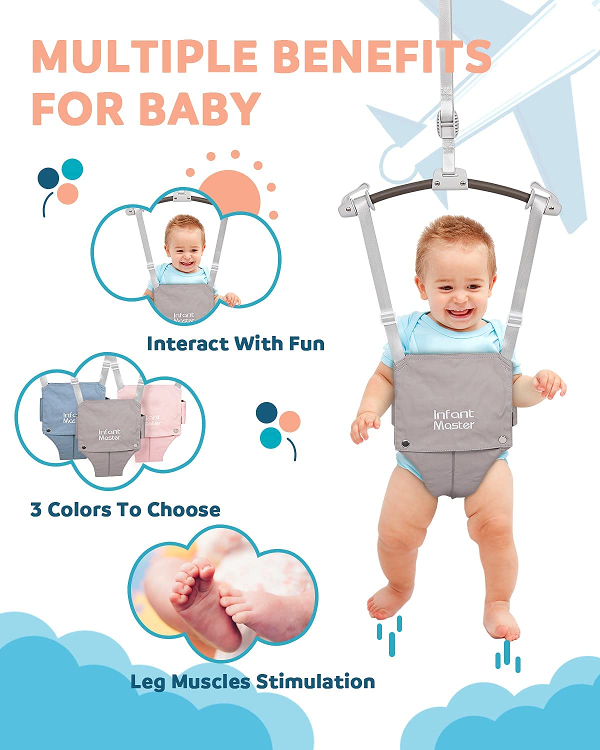 Infant Master Baby Doorway Jumpers, Sturdy Johnny Jumper W/Adjustable 10.8'-23.6' Inches Strap, Soft Baby Johnny Bouncer W/Sea