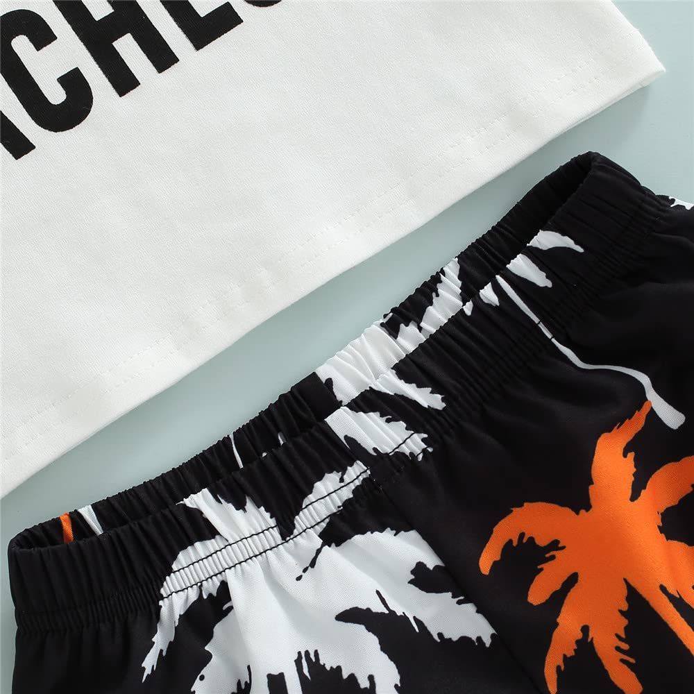 Fybitbo 2Pcs Baby Boys Summer Clothing Sets Cute Letters Print Sleeveless Tank Tops T-Shirt+Palm Shorts Outfits (B-White & Black