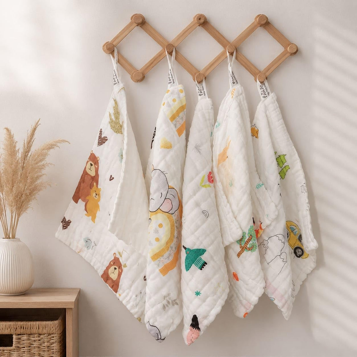 OXAURA 6 Layer Muslin Cotton Baby Wash Cloths Pack of 5, 25x25 cm | Soft Baby Face Towels for Newborns | Absorbent Reusable Burp