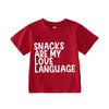 Gliglittr Toddler Girl Boy Valentines Day Shirt Snacks Are My Love Language Funny Cute Letter Kids T-Shirts Graphic Outfit(Red,1