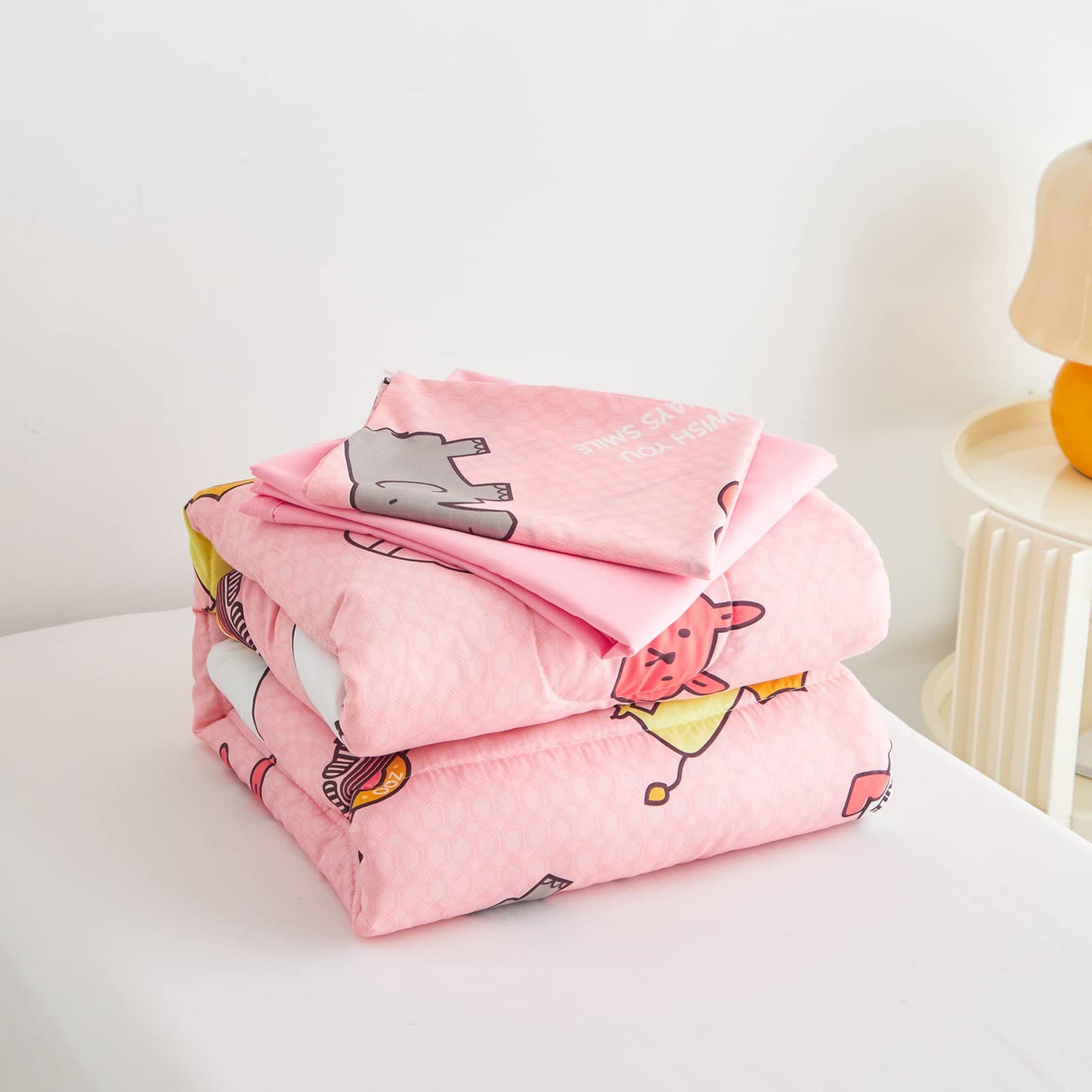 Flysheep 4 Pieces Pink Toddler Bedding Set, Elephant Lion Animals Printed For Baby Girls - Includes Quilted Comforter, Flat Shee