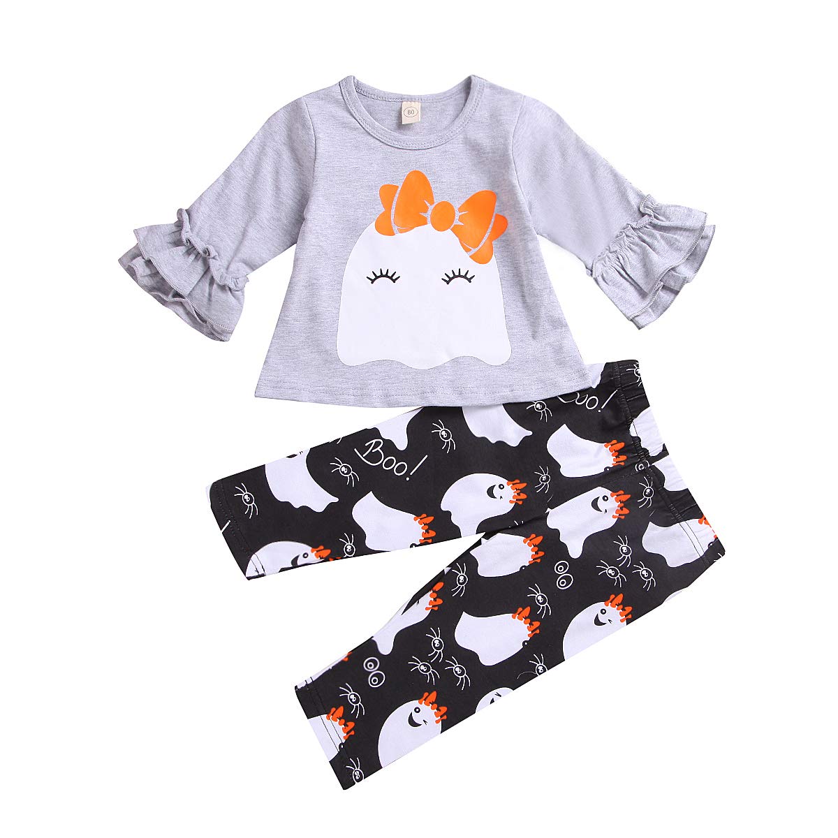 Aalizzwell Baby Halloween Clothes, Baby Girl Halloween Outfit For Toddler Infant Tops Pants 2Pcs Set Gray & Black, 6-12 Months 9