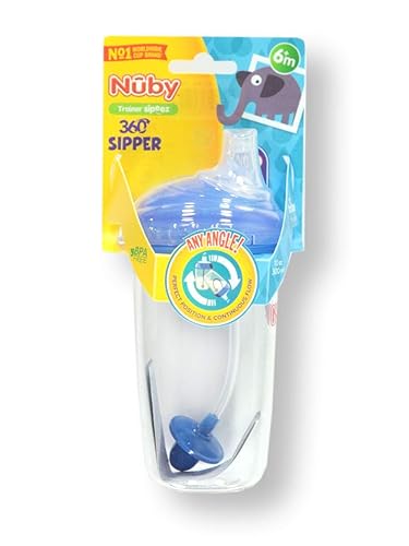 Nuby Tritan No-Spill 10 Oz Trainer Cup With Silicone Spout, 360 Weighted Straw & Hygienic Cover, Blue