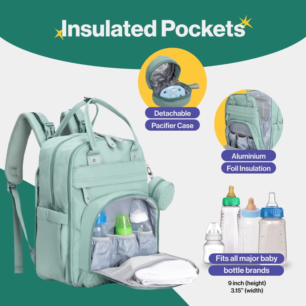 Babbleroo Sage Green Unisex Baby Essentials Backpack - Spacious Diaper Bag With Changing Pad, Stroller Straps & Pacifier Case