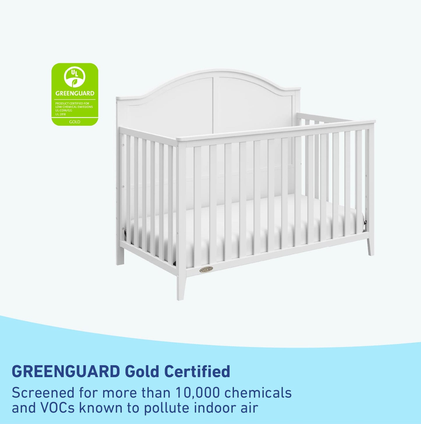 Graco Wilfred 5-In-1 Convertible Crib (White) - Greenguard Gold Certified, Converts To Toddler Bed And Full-Size Bed, Fits Stand