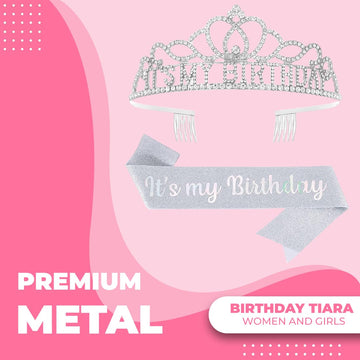 Papoopy Birthday Tiara And Crown With Sash For Women Birthday Party - Silver