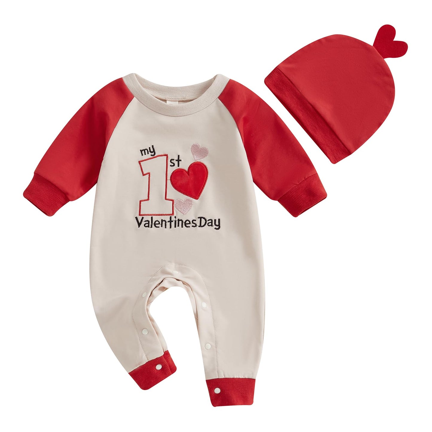MBMSHEGH My 1st Valentine Day Neutral Outfits Newborn Baby Boy Girl Letter Embroidery Romper Jumpsuit Clothes with Hat (A-Red, 1