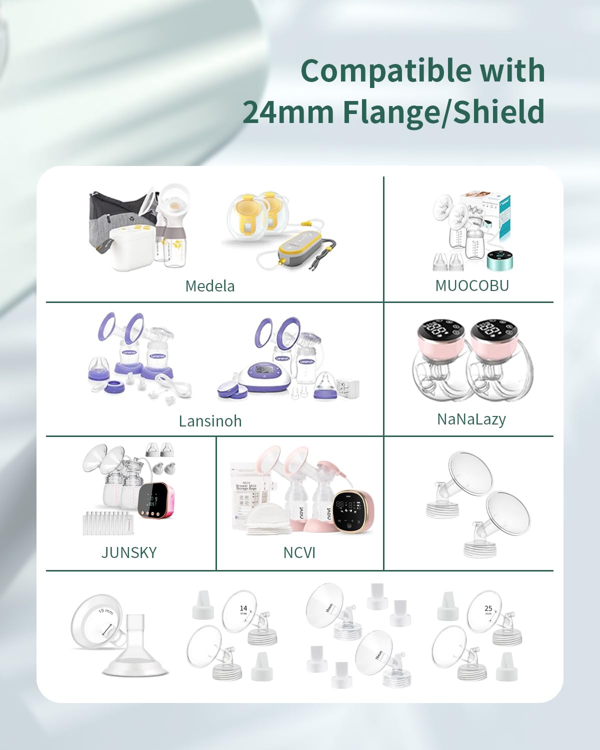 Anwike 10Pcs Flange Sizing Kit, Silicone Flange Inserts 13/15/17/19/21Mm &Nipple Ruler&Cleaning Brush 24Mm Flange/Shield, Compat