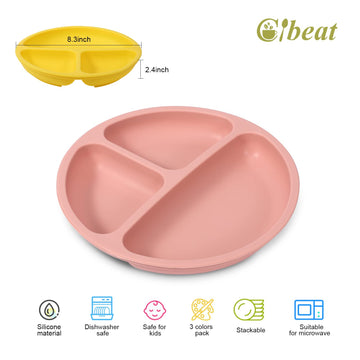 Cibeat Toddler Plates 3 Pack, 100% Silicone Suction Plates For Babies And Toddlers, Microwave And Dishwasher Safe, Bpa Free, Div