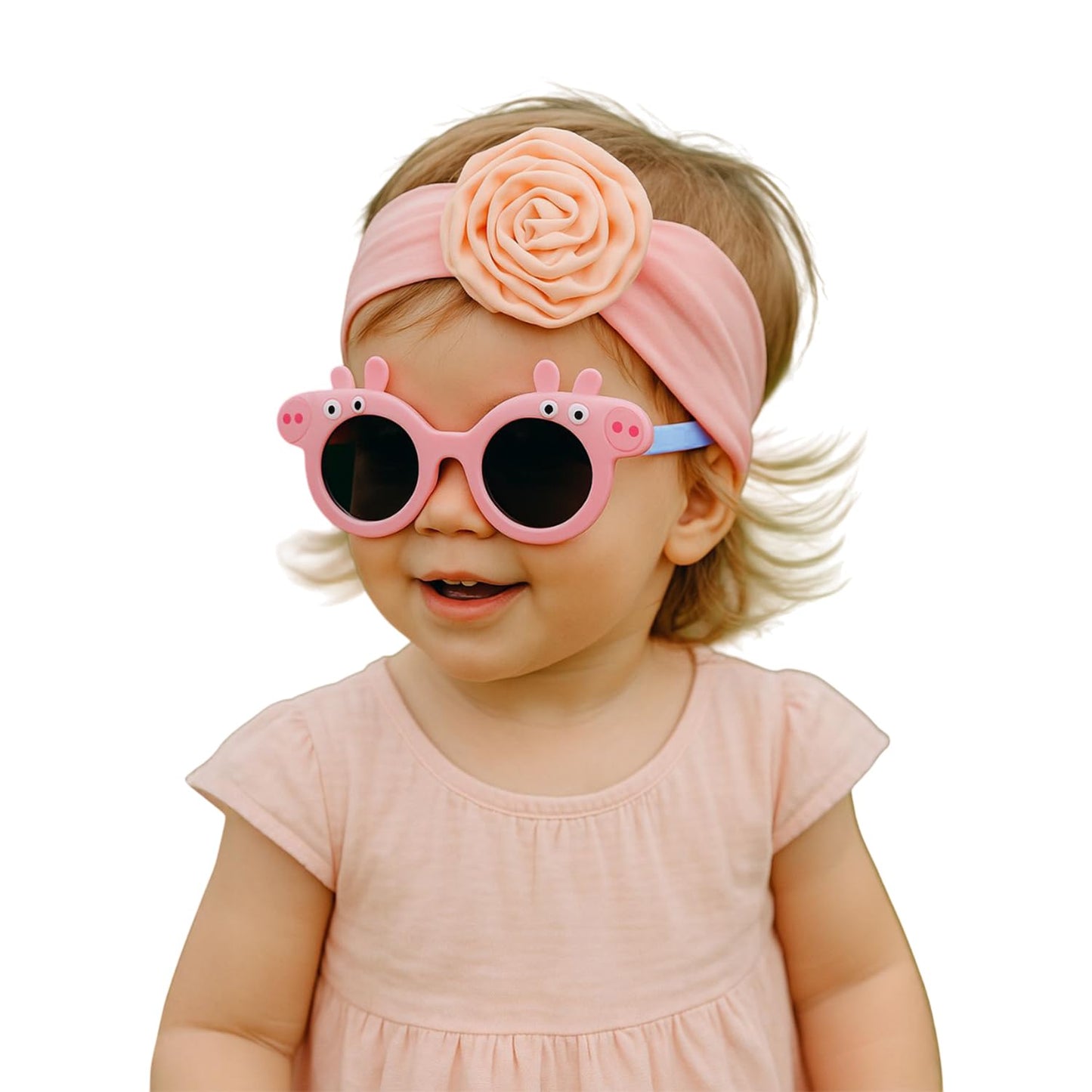 Syga Baby Fancy Flower Stretchable Headband With Uv Protection Pigstyle Sunglasses Combo For Toddlers And Kids (Pink)