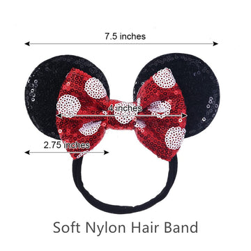 Jiahang Mouse Ears Sequin Bow Nylon Hairband With Polka Dot, Hair Bow Headband, Soft Elastic Costume Headwear For Baby Girl Newb