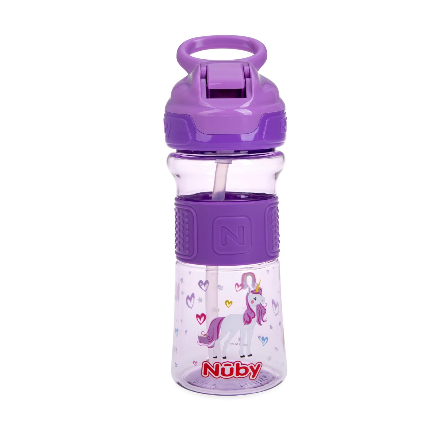 Nuby Thirsty Kids Push Button Flip-it Soft Spout on The Go Water Bottle with Easy Grip Band, 12oz, Unicorn