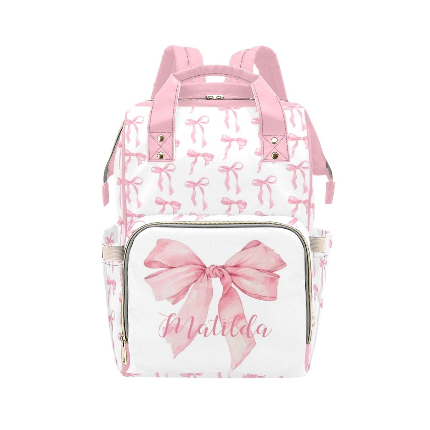 Personalized Diaper Bag Backpack for Women, Custom Name Nursing Mommy Daypack, Pink Bow Diaper Bag for Girls Boys, New Mom Gifts