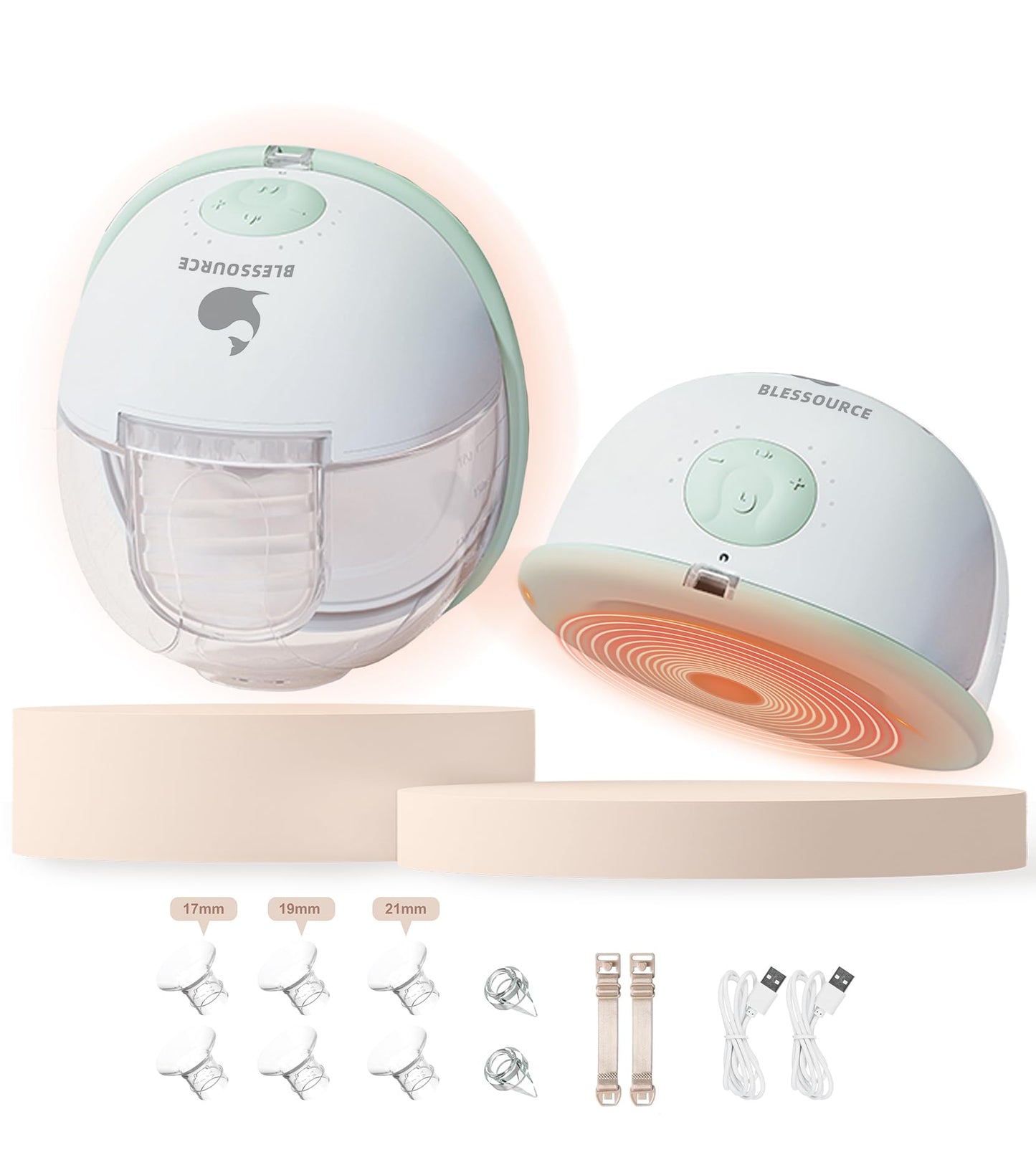 BLESSOURCE Wearable Breast Pump Hands Free, Heated Pump Breast with Soft Double Fit Flange, Portable Electric Pump with 3 Modes