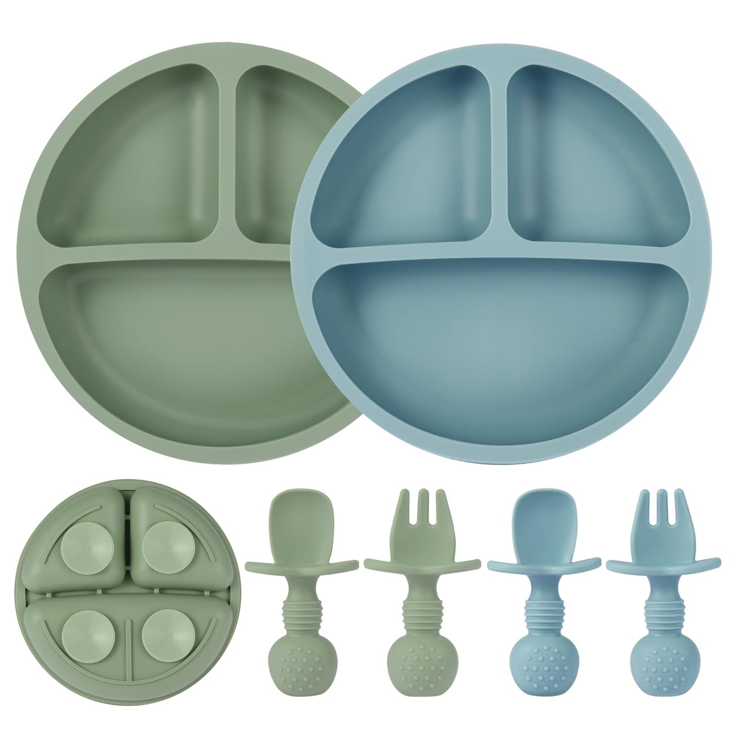 Eascrozn 2 Pack Baby Plates with Suction, 2 Pack Silicone Forks and Spoons Set, Baby Led Weaning Supplies, BPA Free, Toddler Ute