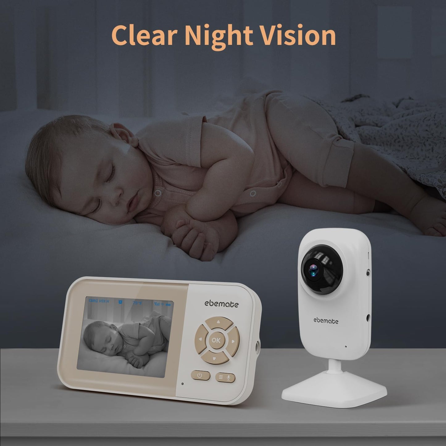 Ebemate Video Baby Monitor Camera With 2 Camera,2.8 ' Lcd Screen Video & Audio No Glow Night Vision,2-Way Talk Audio Cam Baby M