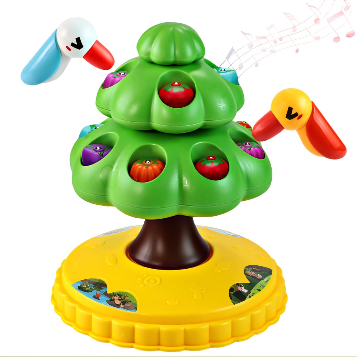 Christmas Toys for Toddlers, Rotating Tree with 6 Fruits & Bird, Montessori Toy Fine Motor Skills Toys for Age 2-4, Light Up & C
