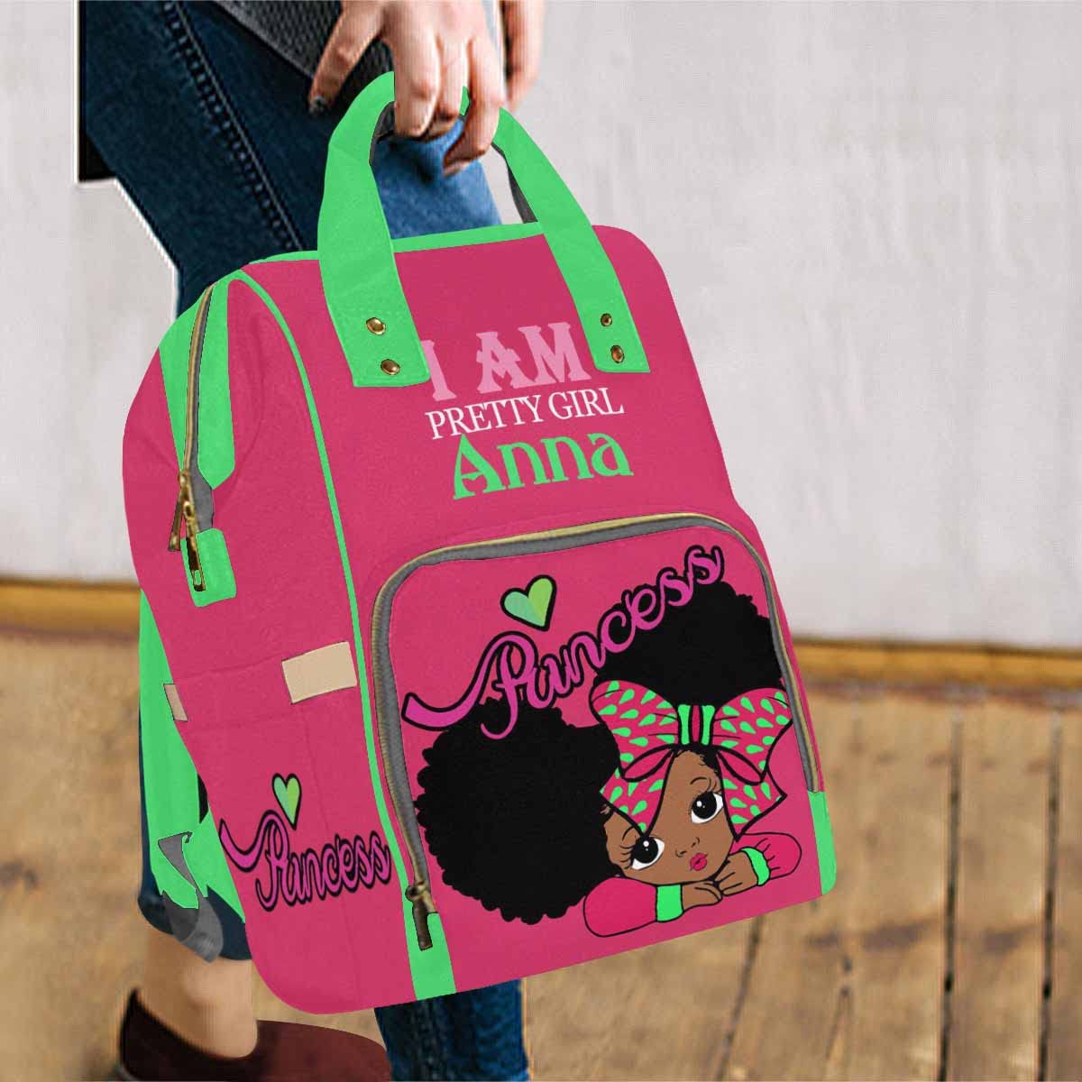 Artsadd Customized Diaper Bag Mommy Nappy Bags, Personalized Pretty Pink Green Handbags Large Capacity Multi-Function Nursing Ba